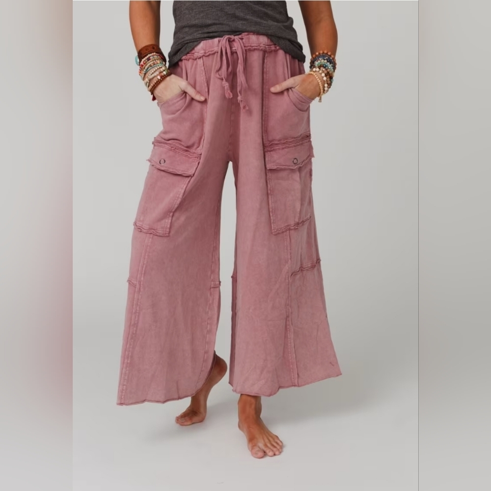 Game On Pink Burgundy Wide Leg Cropped Pants with Relaxed Fit, Three Bird Nest